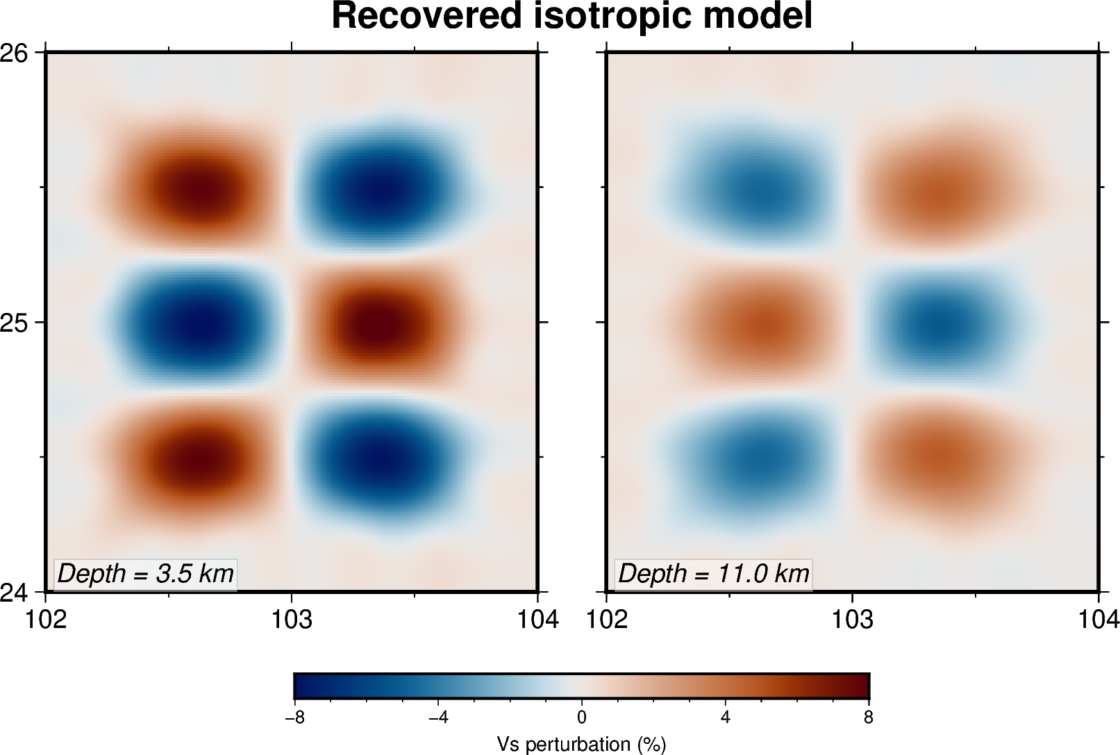 Horizontal slices through the recovered isotropic checkerboard model at depths of 3.5 and 11 kilometres