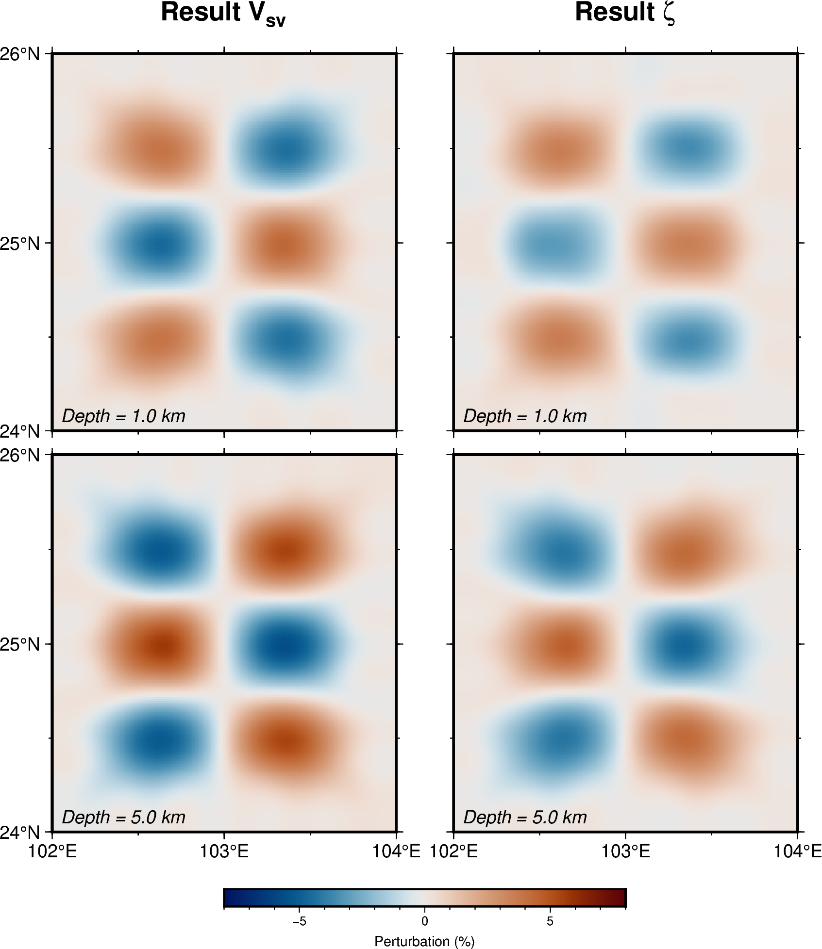 Recovered VSV and radial-anisotropy checkerboard perturbations at depths of 1 and 5 kilometres